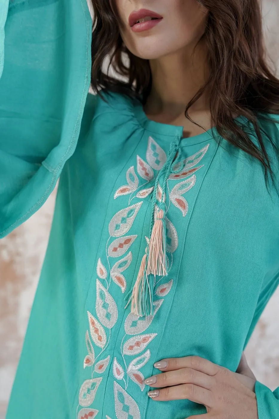 Embroidered Blouse with Fan Sleeves- Mint