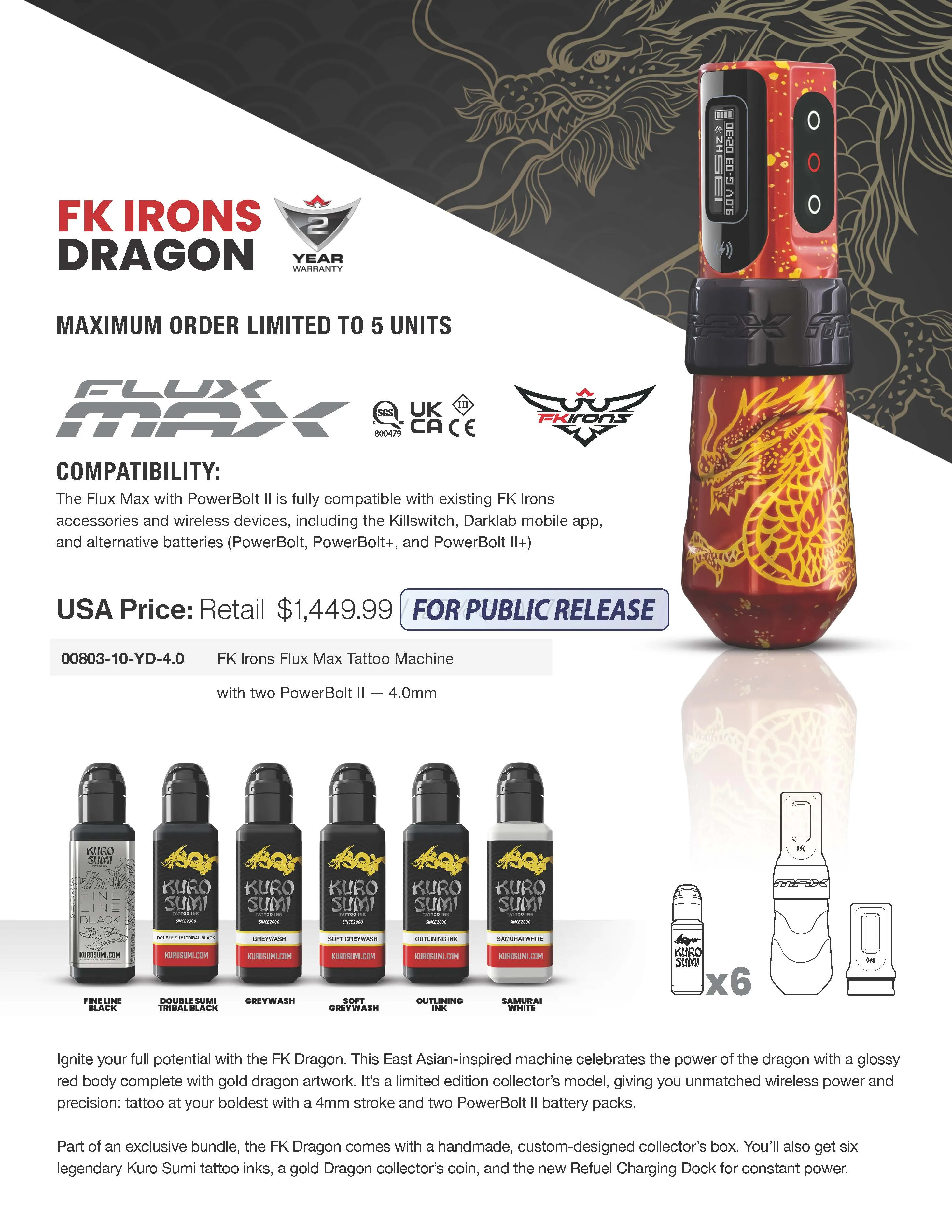 FK Irons Special Limited Edition Flux Max Dragon Machine (only 60 made) 4.0mm, with 2 PowerBolt II