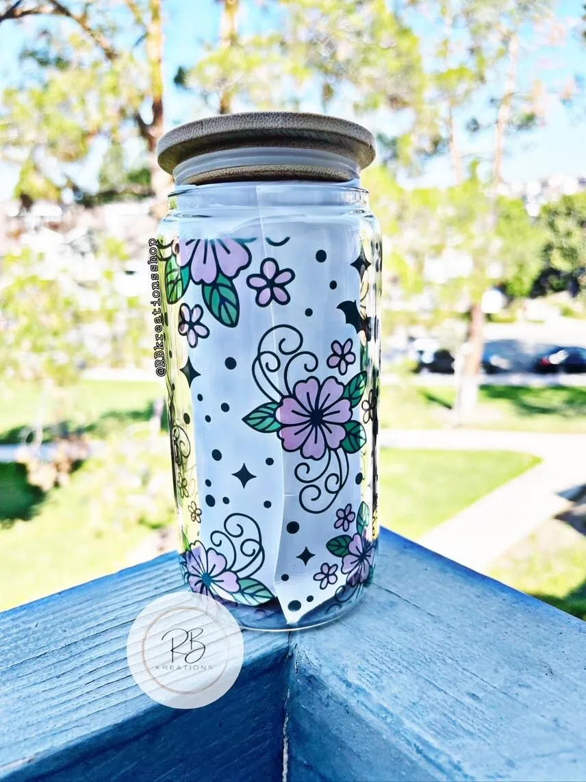 Floral Ghost Glass Tumbler | Clear Glass Tumbler | Beer Glass Tumbler with Bambo lid and Straw | Cute Ghost |