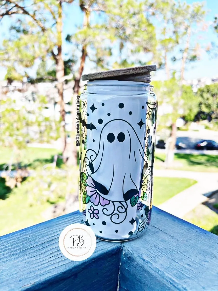 Floral Ghost Glass Tumbler | Clear Glass Tumbler | Beer Glass Tumbler with Bambo lid and Straw | Cute Ghost |