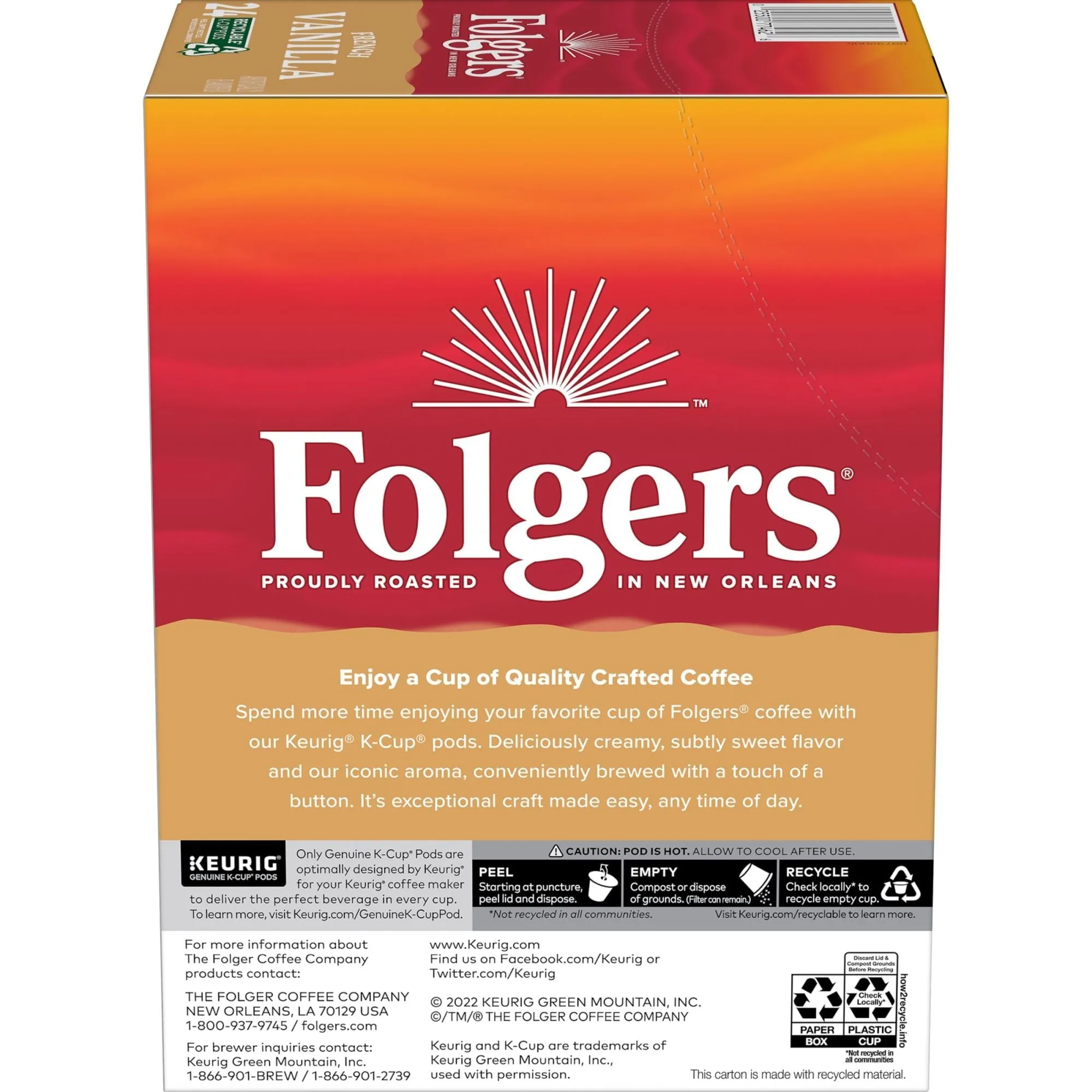 Folgers French Vanilla Artificially Flavored Coffee, Mild Roast, Keurig K-Cup Pods, 24 Count Box