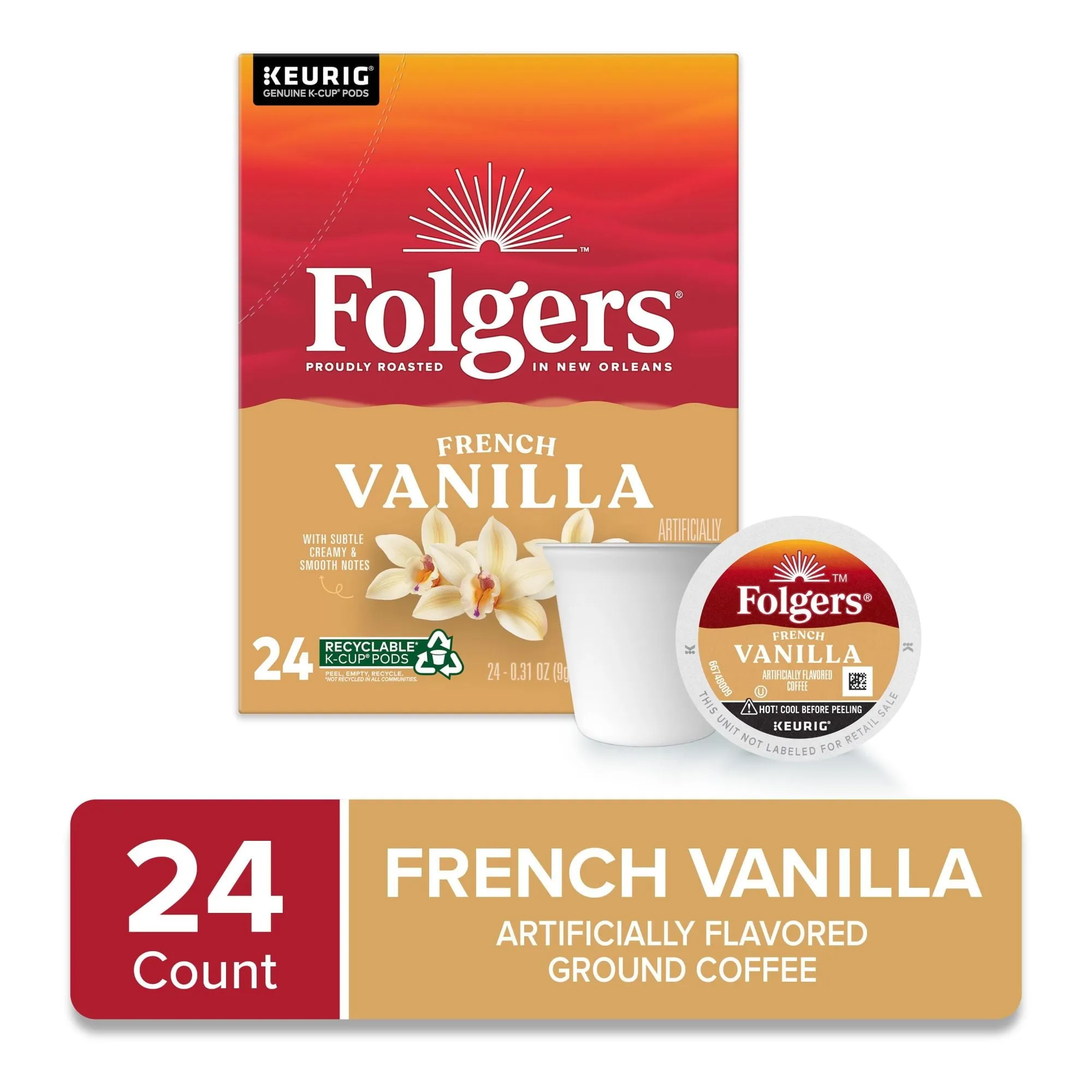 Folgers French Vanilla Artificially Flavored Coffee, Mild Roast, Keurig K-Cup Pods, 24 Count Box