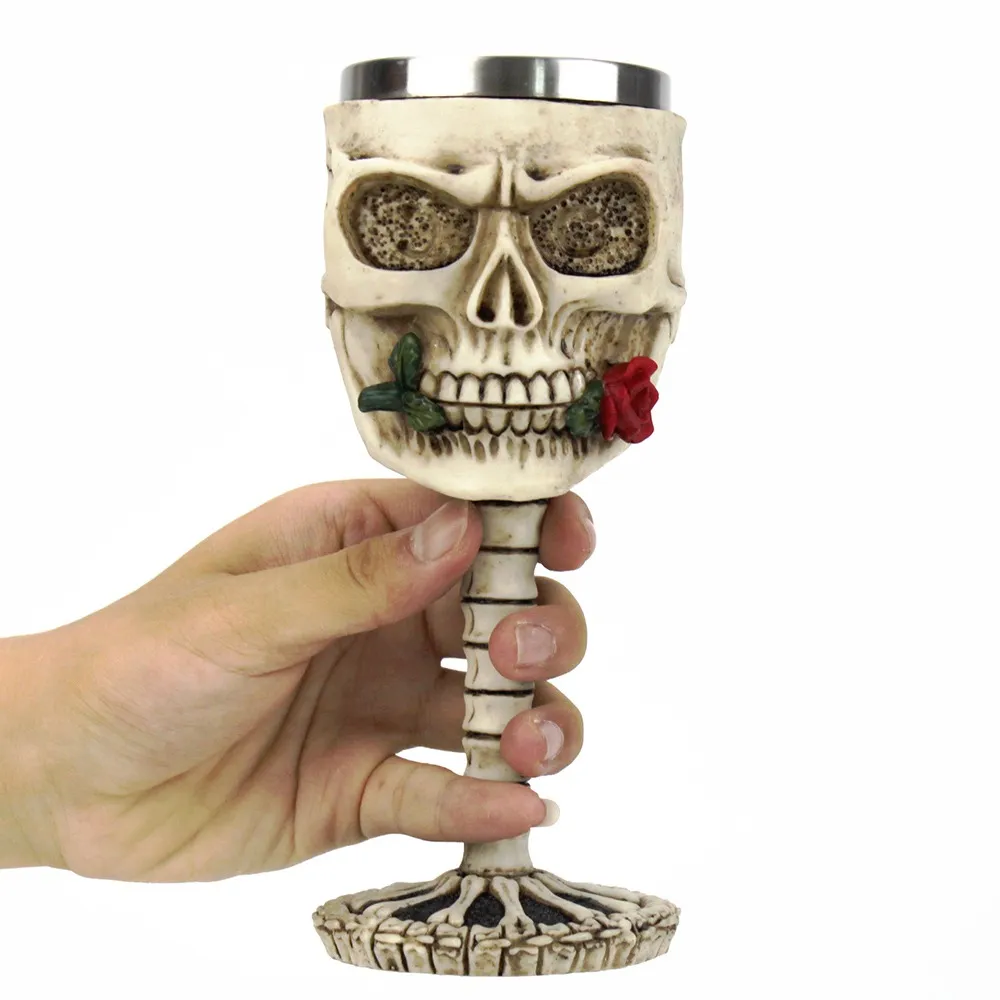 Gothic Wine Glass with Rose and Skull / Retro Stainless Steel&Resin Wine Goblet