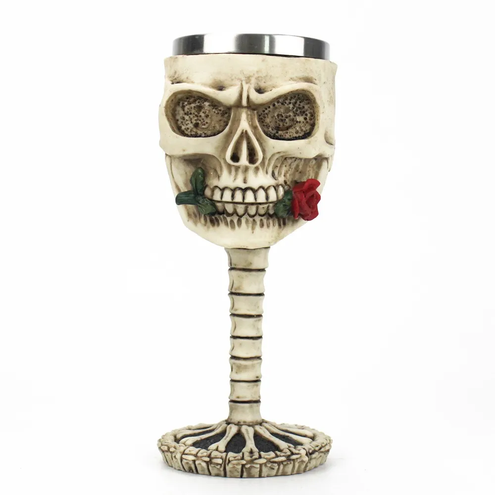 Gothic Wine Glass with Rose and Skull / Retro Stainless Steel&Resin Wine Goblet