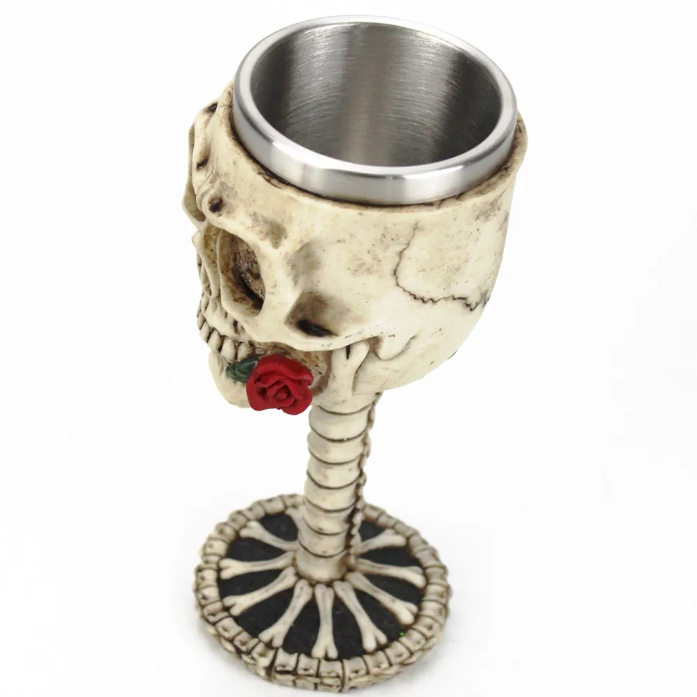 Gothic Wine Glass with Rose and Skull / Retro Stainless Steel&Resin Wine Goblet