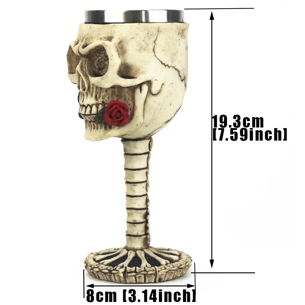 Gothic Wine Glass with Rose and Skull / Retro Stainless Steel&Resin Wine Goblet