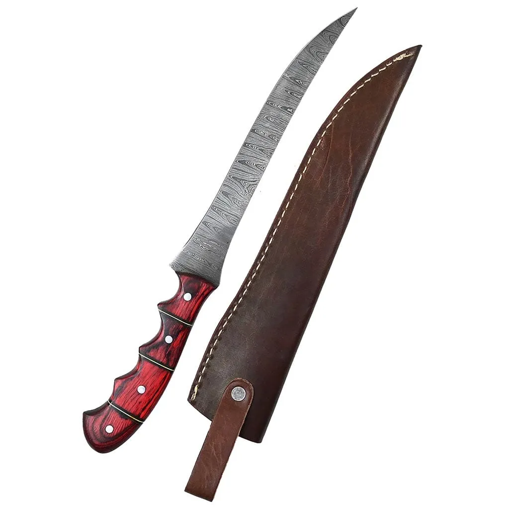 Handmade Damascus Fillet Knife Twisted Pattern Pakka Wood Red KFL1402RED