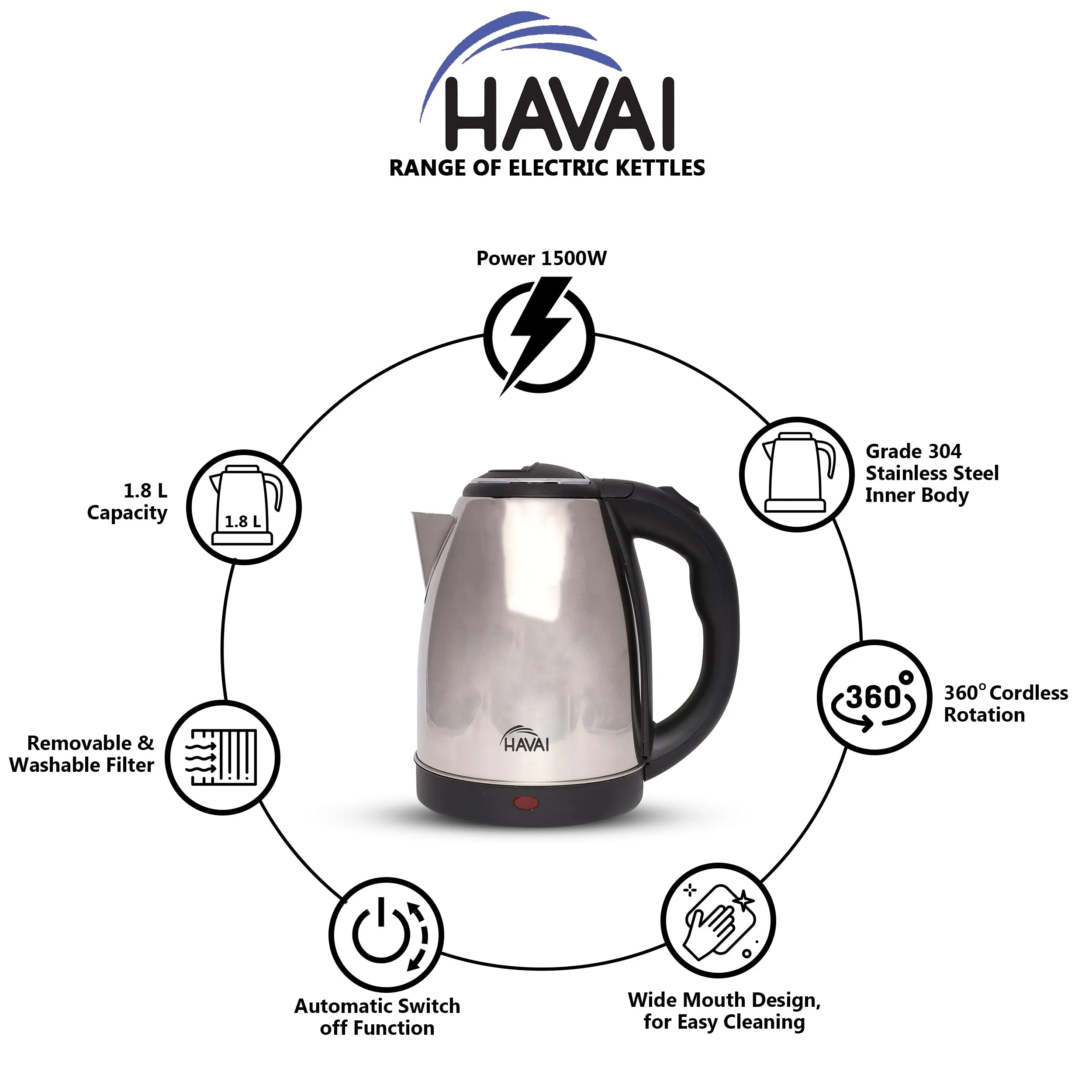 HAVAI Large Premium Electric Kettle 1.8L |Stainless Steel Inner Body | Auto Power Cut | Boil Dry Protection & Cool Touch Double Wall | Portable | 1500 Watts |1 Year Warranty - STAINLESS STEEL