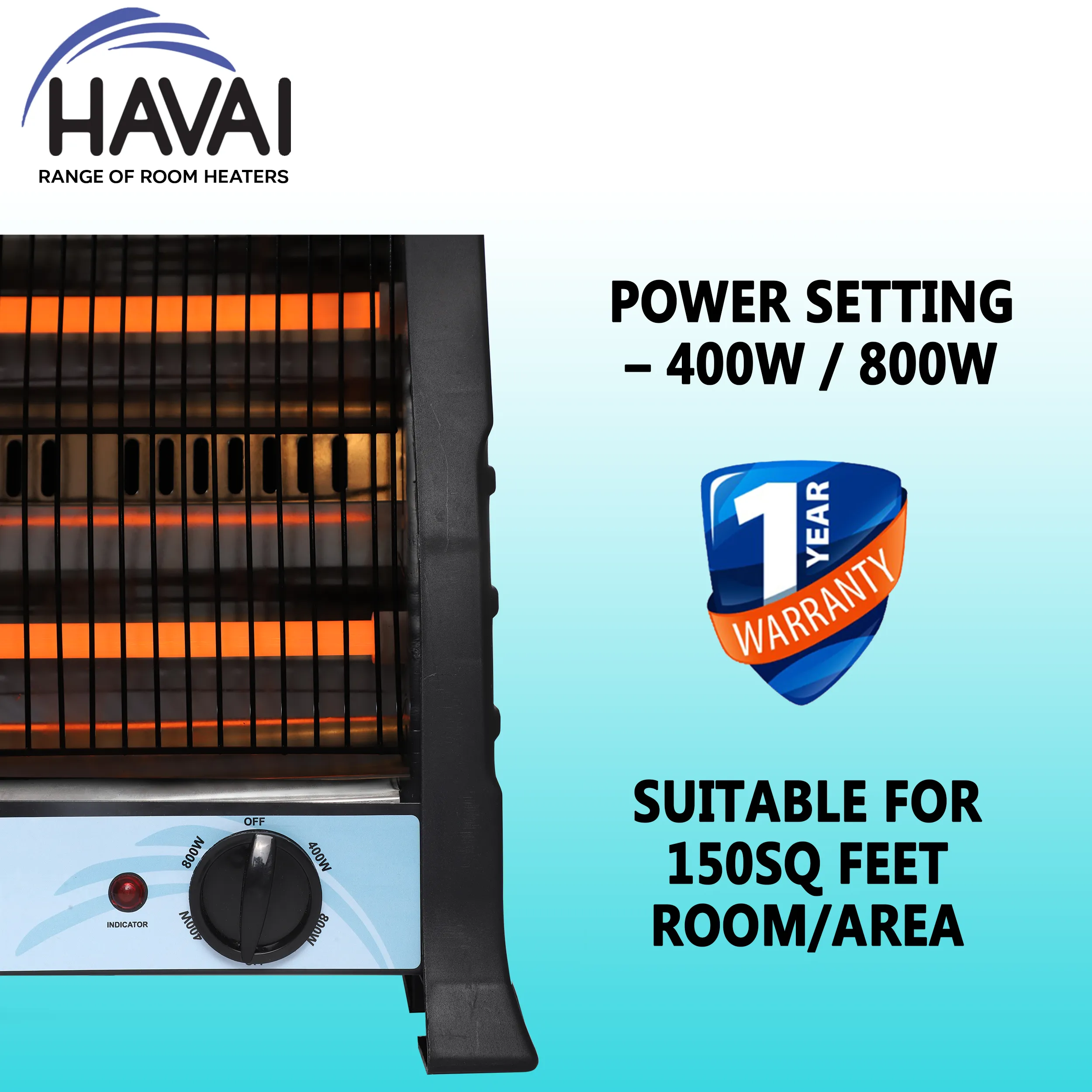 HAVAI Metal Quartz Room Heater - 800 Watts (2 Rods, Black, Red)