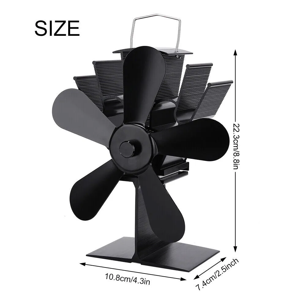 Heat Powered Wood Stove Fan, Silent 5-Blade, Black, 270-360 CFM