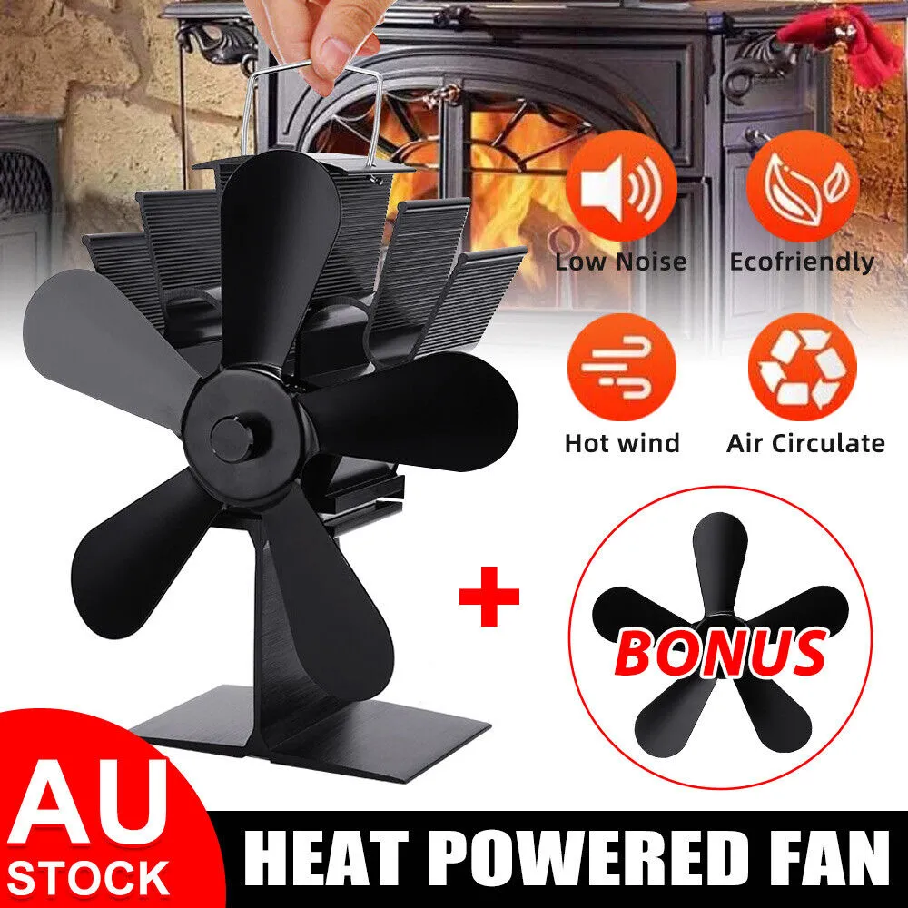 Heat Powered Wood Stove Fan, Silent 5-Blade, Black, 270-360 CFM