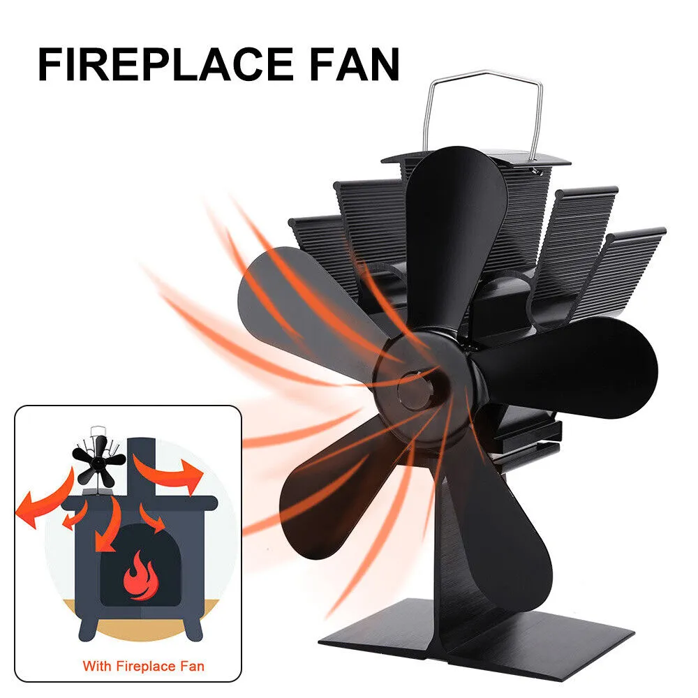 Heat Powered Wood Stove Fan, Silent 5-Blade, Black, 270-360 CFM