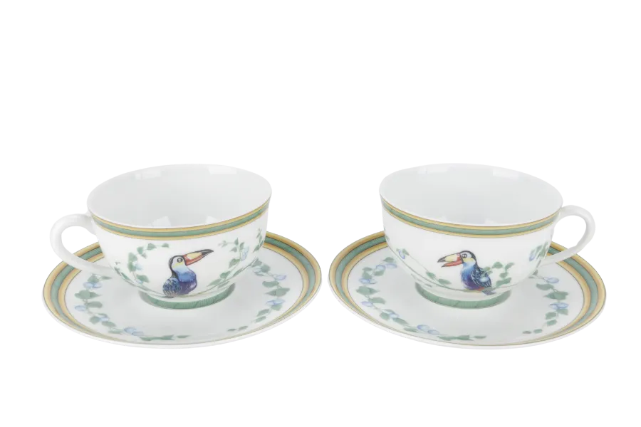 HERMES TOUCANS DÉCOR PORCELAIN TEA CUP AND SAUCER SET OF 2 WITH BOX