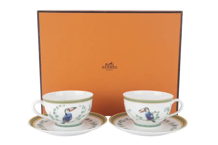 HERMES TOUCANS DÉCOR PORCELAIN TEA CUP AND SAUCER SET OF 2 WITH BOX