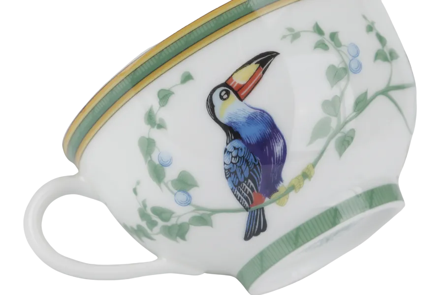 HERMES TOUCANS DÉCOR PORCELAIN TEA CUP AND SAUCER SET OF 2 WITH BOX