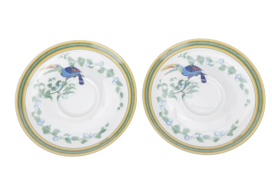 HERMES TOUCANS DÉCOR PORCELAIN TEA CUP AND SAUCER SET OF 2 WITH BOX