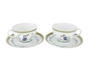 HERMES TOUCANS DÉCOR PORCELAIN TEA CUP AND SAUCER SET OF 2 WITH BOX