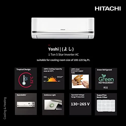 Hitachi 1 Ton 5 Star ice Clean Xpandable Plus Inverter Split AC (100% Copper, Dust Filter, 2023 Model, Yoshi 5400FXL, R32-RAS.G512PCAISF, Dual Platinum)