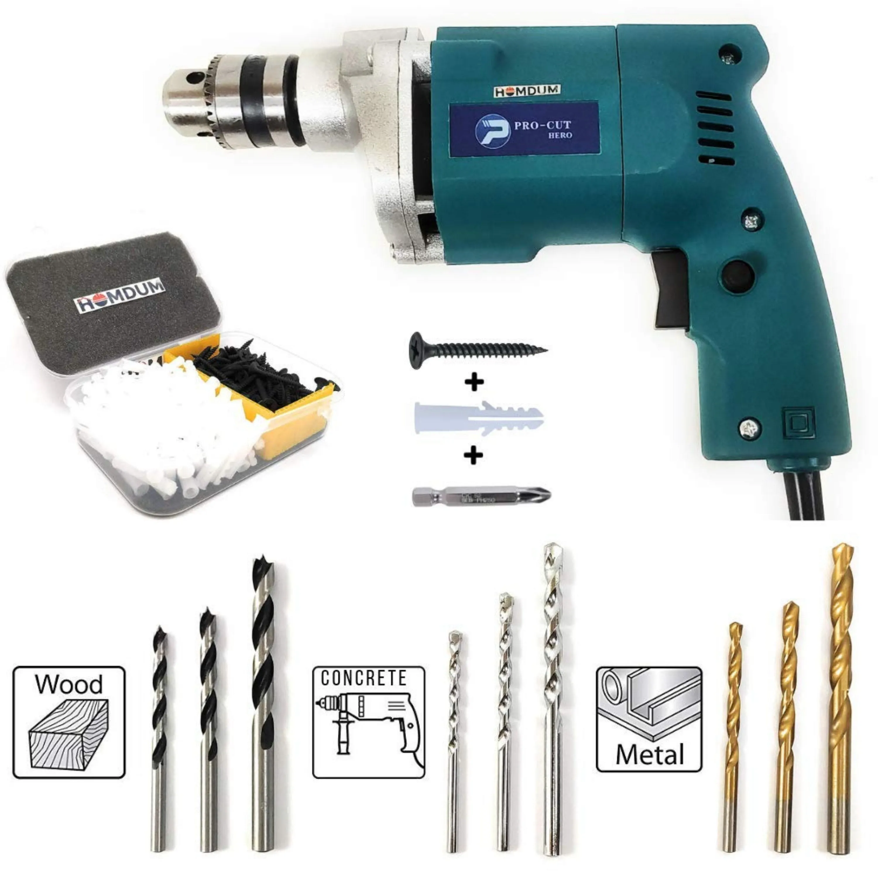 Homdum 10mm Drill Machine with 1” inch Plug & Screws and 3in1 9pc Drill Bit Set for application on Wood, wall, Metal.