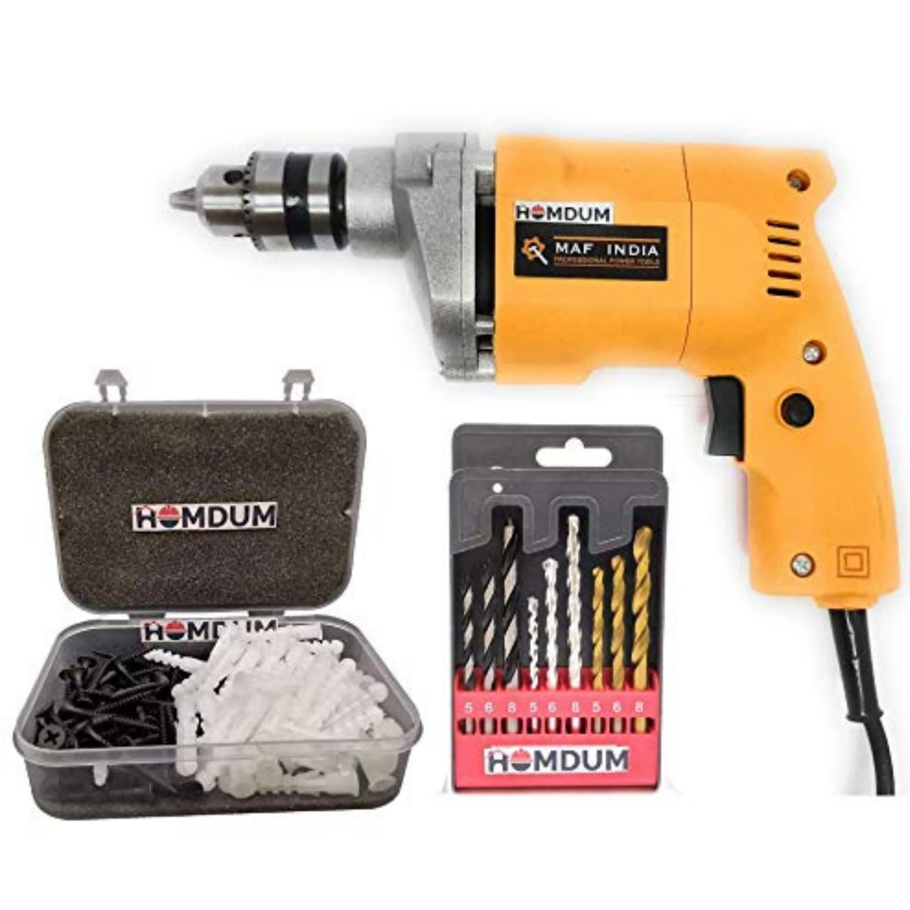 Homdum 10mm Drill Machine with 1inch Nylon Plugs & Screws and 3 in 1 9pc Drill Bit Set