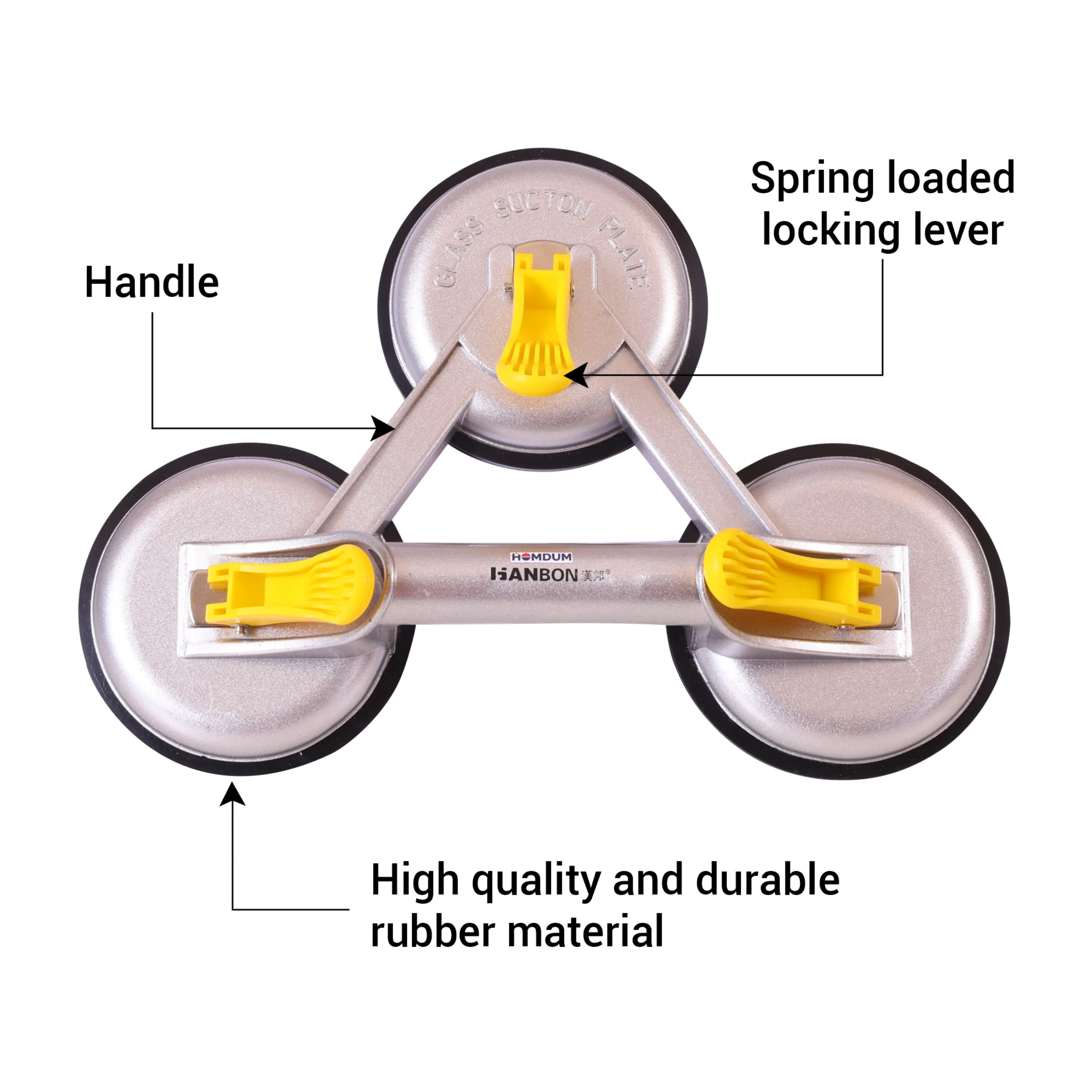 Homdum Aluminum Lifting Triple Suction Cup 4.8inch Hanbon Plate Three Handle Locking 3 claw Sucker Flat Gripper for Lifting Mirror Tiles Granite slab Heavy Duty Glass Lifter.