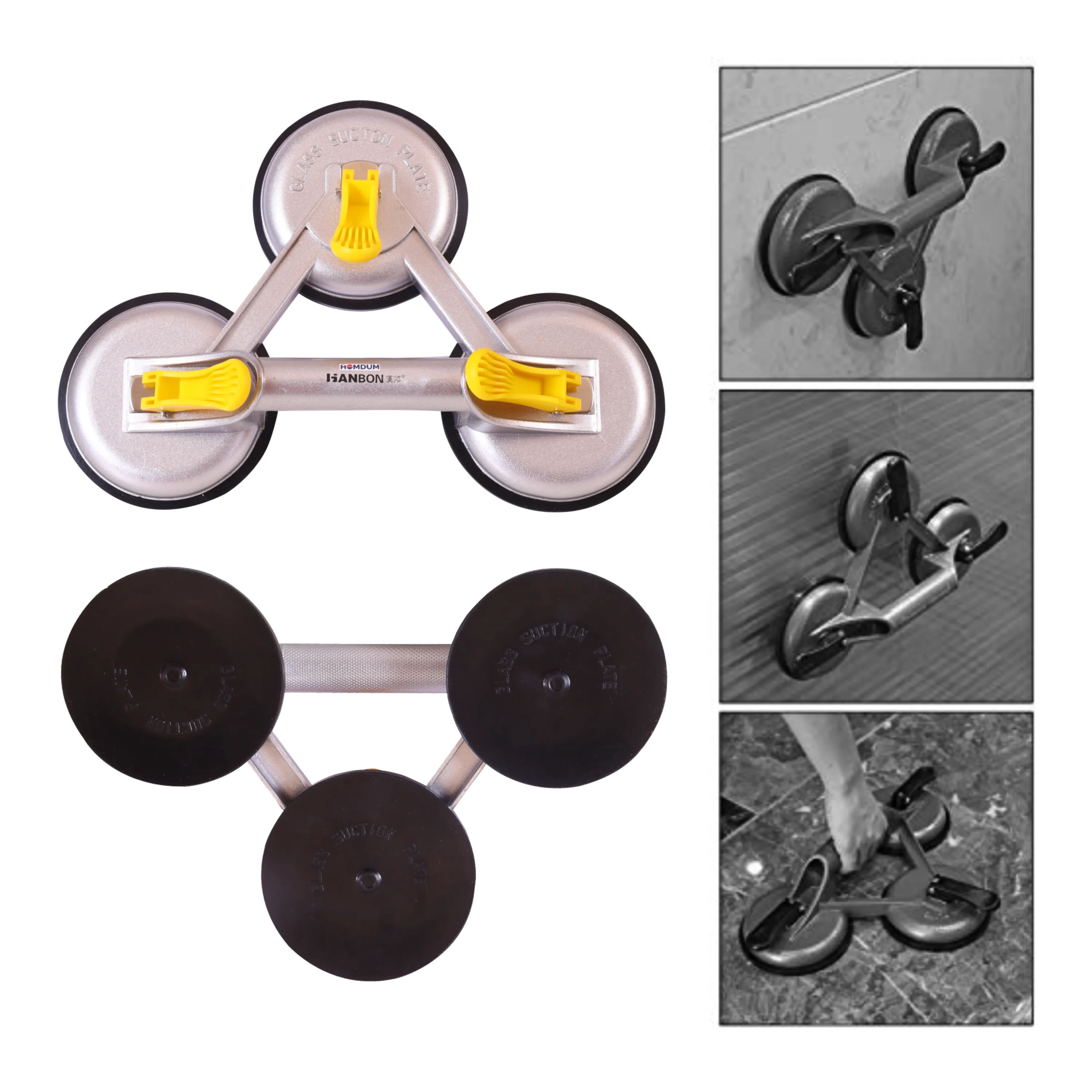 Homdum Aluminum Lifting Triple Suction Cup 4.8inch Hanbon Plate Three Handle Locking 3 claw Sucker Flat Gripper for Lifting Mirror Tiles Granite slab Heavy Duty Glass Lifter.