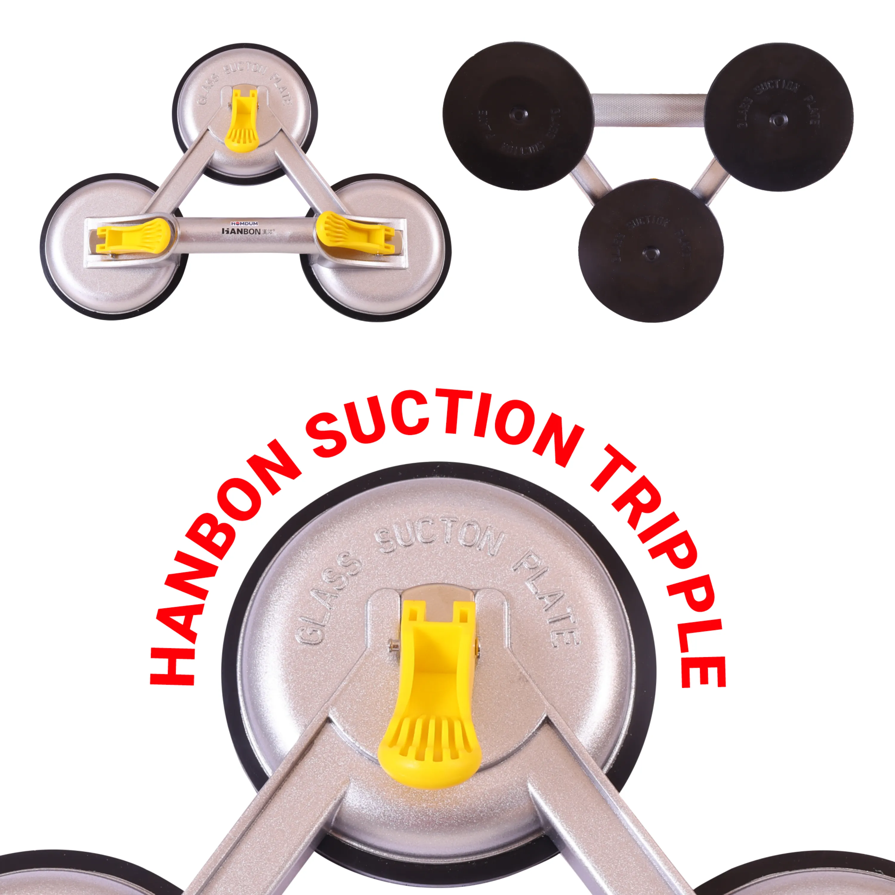 Homdum Aluminum Lifting Triple Suction Cup 4.8inch Hanbon Plate Three Handle Locking 3 claw Sucker Flat Gripper for Lifting Mirror Tiles Granite slab Heavy Duty Glass Lifter.