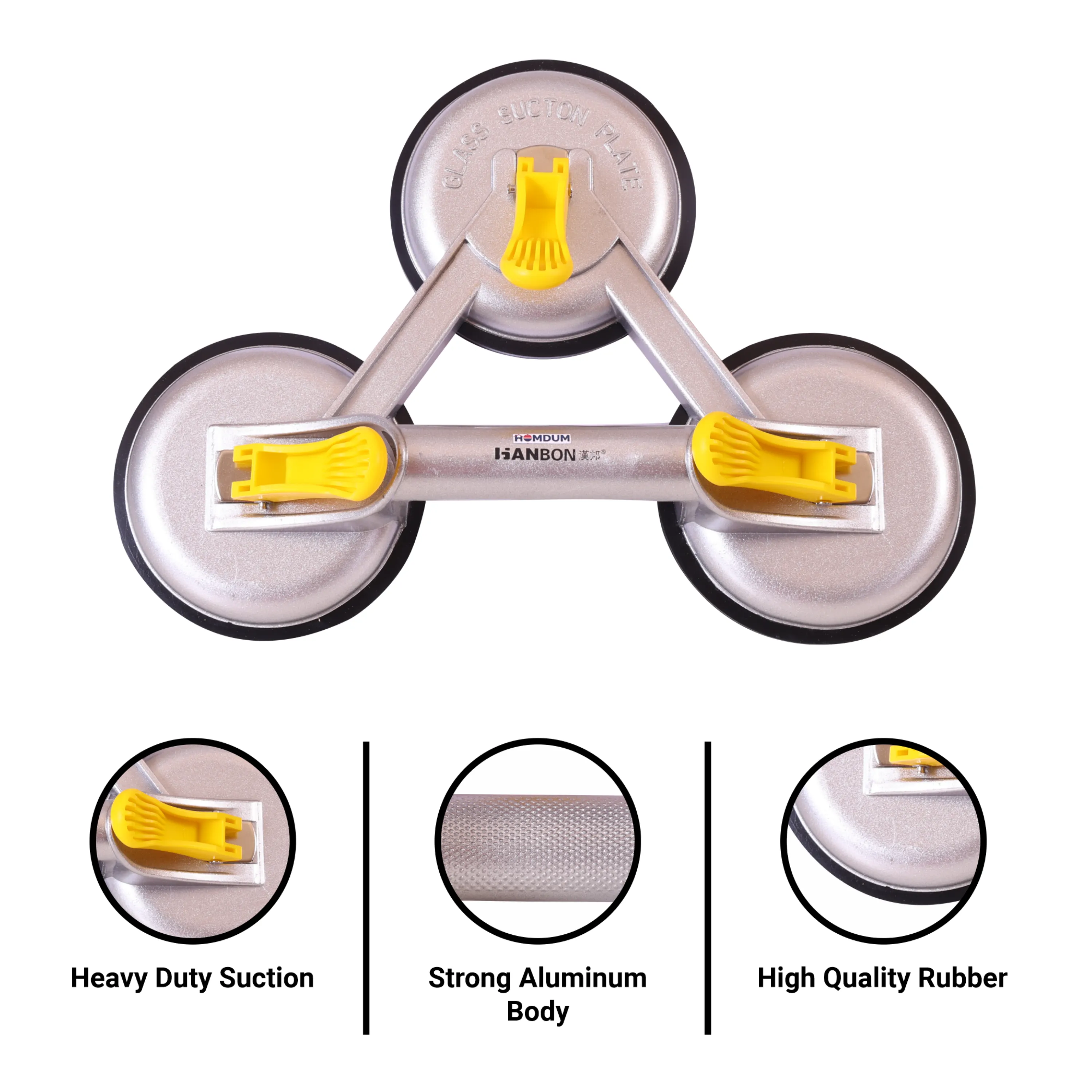 Homdum Aluminum Lifting Triple Suction Cup 4.8inch Hanbon Plate Three Handle Locking 3 claw Sucker Flat Gripper for Lifting Mirror Tiles Granite slab Heavy Duty Glass Lifter.