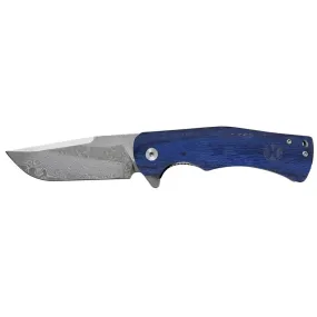 HOOEY "DYED BURLWOOD/DAMASCUS DROP POINT FLIPPER" HOOEY KNIFE