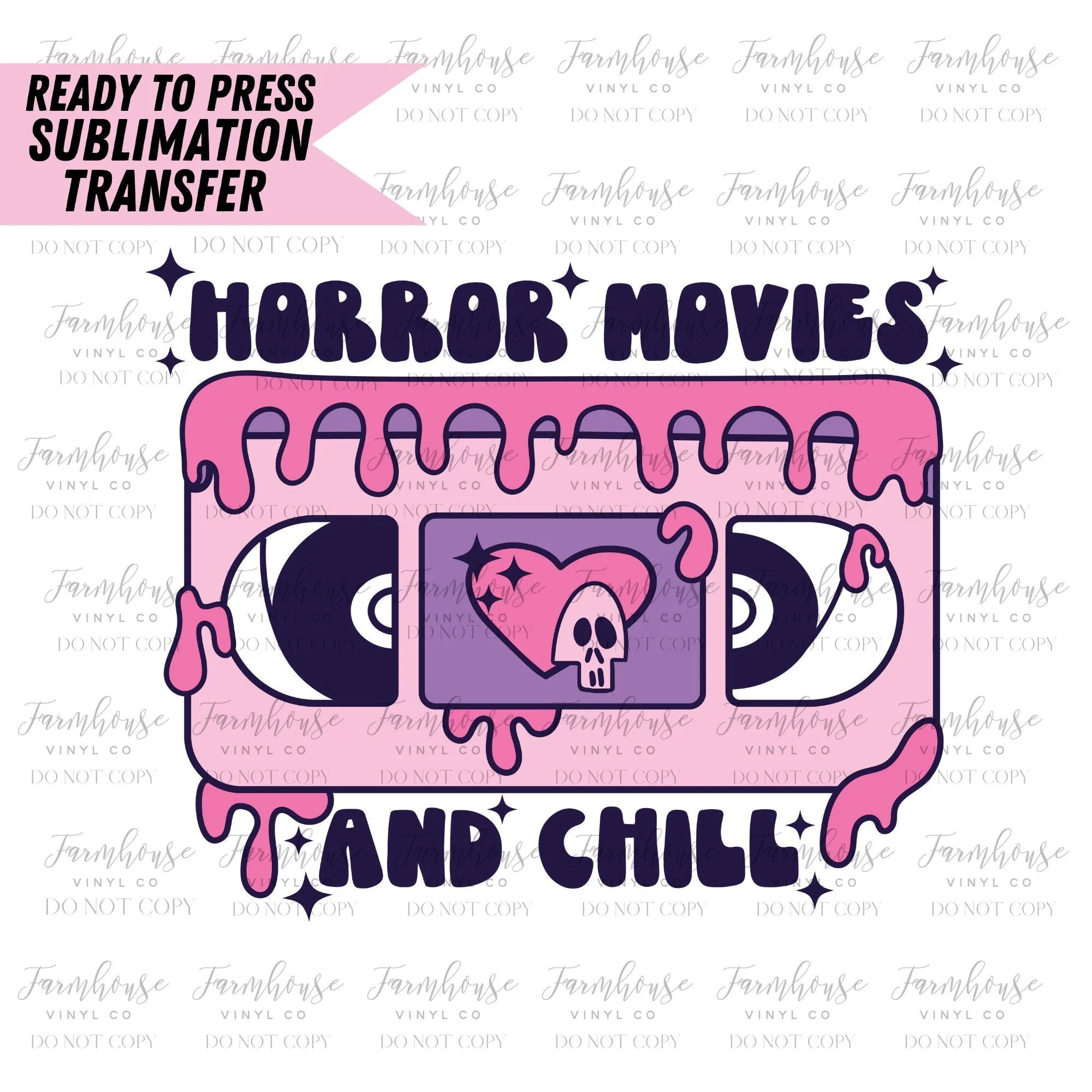 Horror Movies & Chill VHS Retro, Ready to Press Sublimation Transfers, Sublimation design, Trick Treat, Halloween Retro Design, Transfer