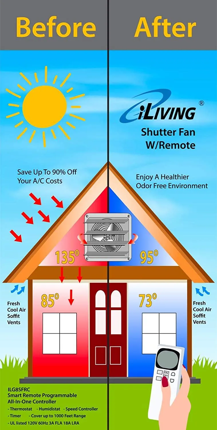 ILG8SF24VC - iLiving 24 Inch Smart Remote Shutter Exhaust Fan with Thermostat, Humidistat, Variable Speed, Timer, Wall Mounted, 24"