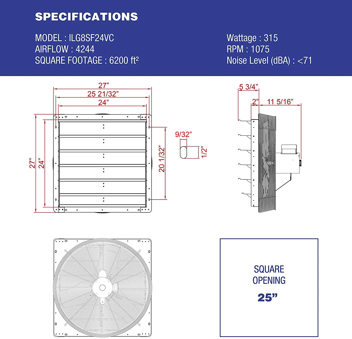 ILG8SF24VC - iLiving 24 Inch Smart Remote Shutter Exhaust Fan with Thermostat, Humidistat, Variable Speed, Timer, Wall Mounted, 24"