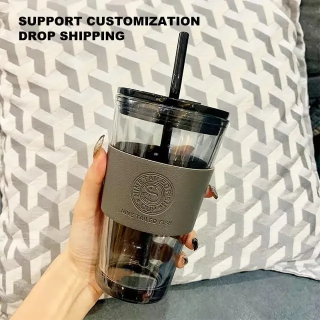 Kamvy Reusable Glass Coffee Sipper Mugs with Lid & Straw Pack of 1, 400ml Multipurpose Drinking Glasses Tumbler with Leather Sleeve Cup for Juice Smoothies Iced Tea Home & Travel (Grey)