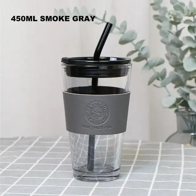 Kamvy Reusable Glass Coffee Sipper Mugs with Lid & Straw Pack of 1, 400ml Multipurpose Drinking Glasses Tumbler with Leather Sleeve Cup for Juice Smoothies Iced Tea Home & Travel (Grey)