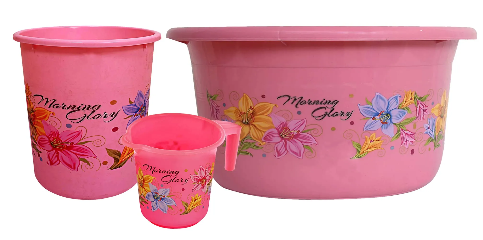 Kuber Industries Printed 3 Pieces Plastic Mug, Dustbin & Tub Set (Pink)