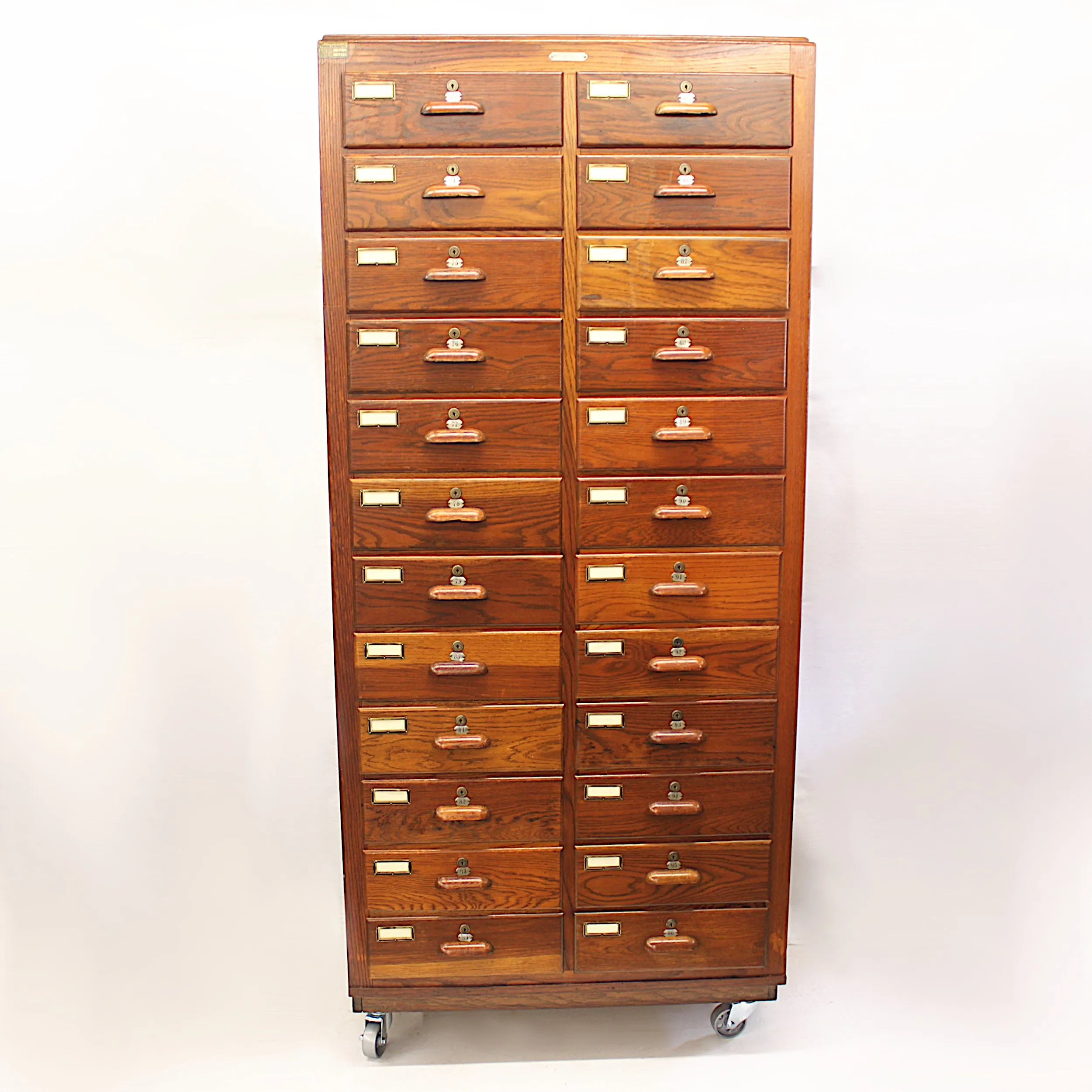 Large 1940s Industrial 24-Drawer Oak Cabinet on Wheels by Walrus Manufacturing