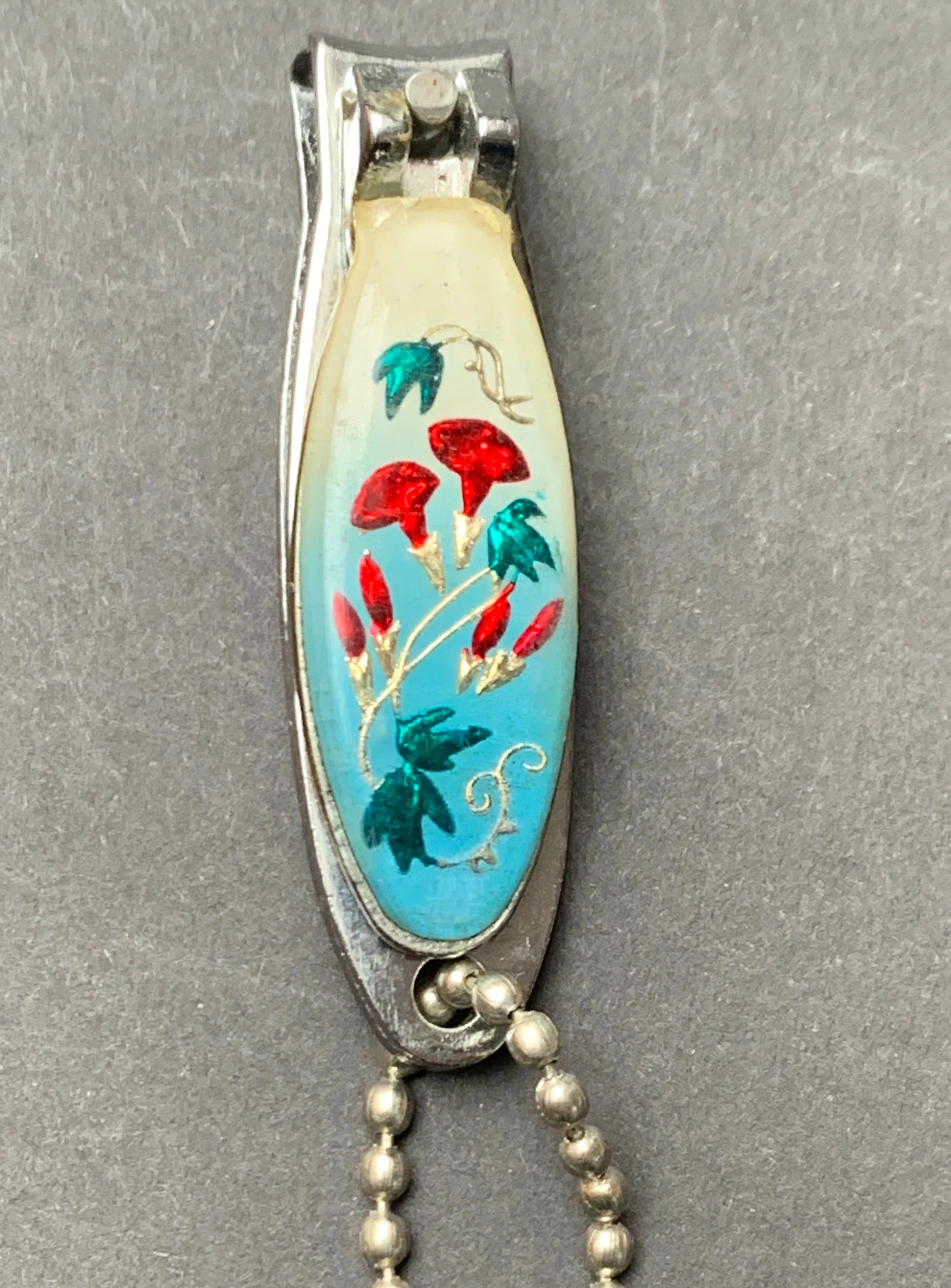 Lovely Vintage Enamel Nail Clippers and File Key Ring