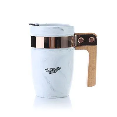 Marble Ceramic Mug with SS Rim and Wooden Handle