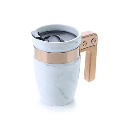 Marble Ceramic Mug with SS Rim and Wooden Handle