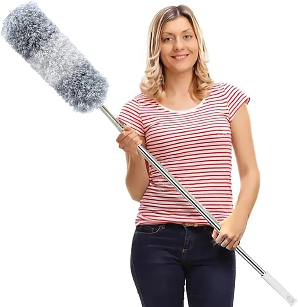 Microfiber Feather Duster Extendable Cobweb Duster with 100 inches Extra Long Pole, Bendable Head & Scratch-Resistant Hat for Cleaning Ceiling Fan, High Ceiling, Blinds, Furniture & Cars