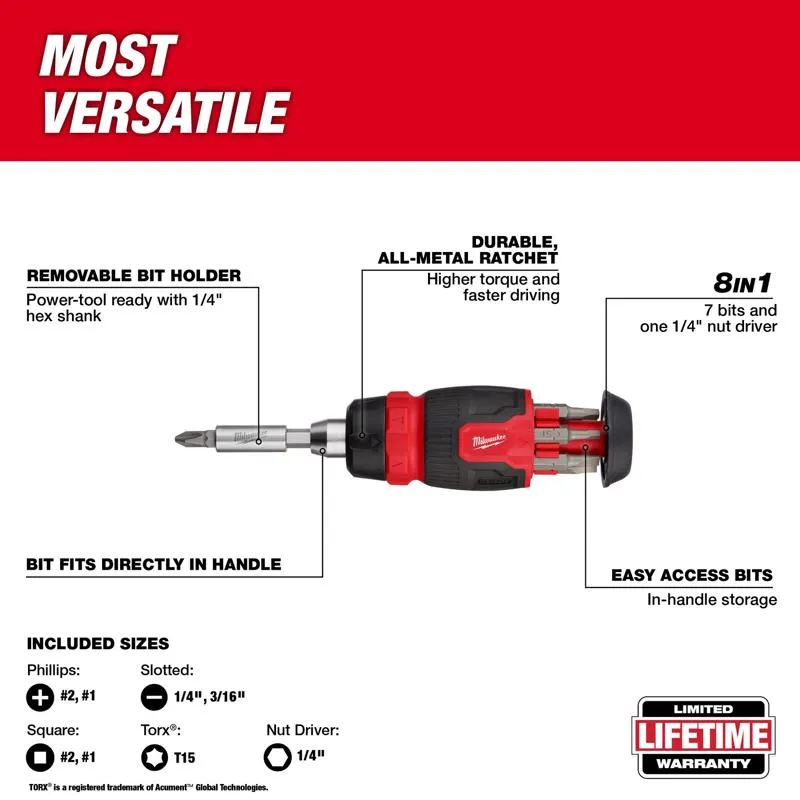 Milwaukee Hex Shank 8-in-1 Ratcheting Compact Multi-Bit Screwdriver 5.43 in. 1 pc