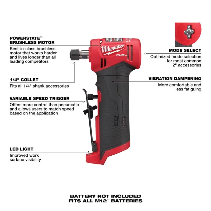 Milwaukee M12 FUEL Brushless Cordless 1/4 in. Right Angle Die Grinder Tool Only