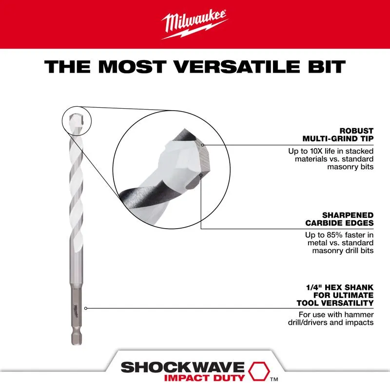 Milwaukee Shockwave 3/16 in. X 6 in. L Carbide Percussion Drill Bit Hex Shank 1 pc