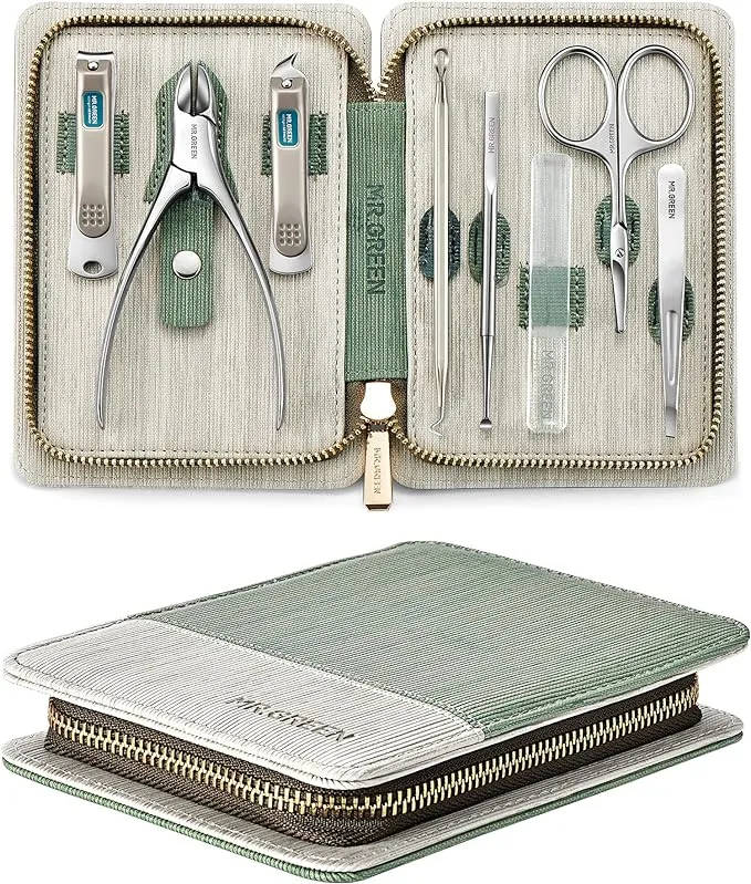 MR.GREEN Manicure Set 8 in 1,Professional Pedicure kit,Stainless Steel Manicure Kit,Portable Travel Grooming Kit Nail Care Tools,Nail Clippers Pedicure Tools, Green 8 Pcs