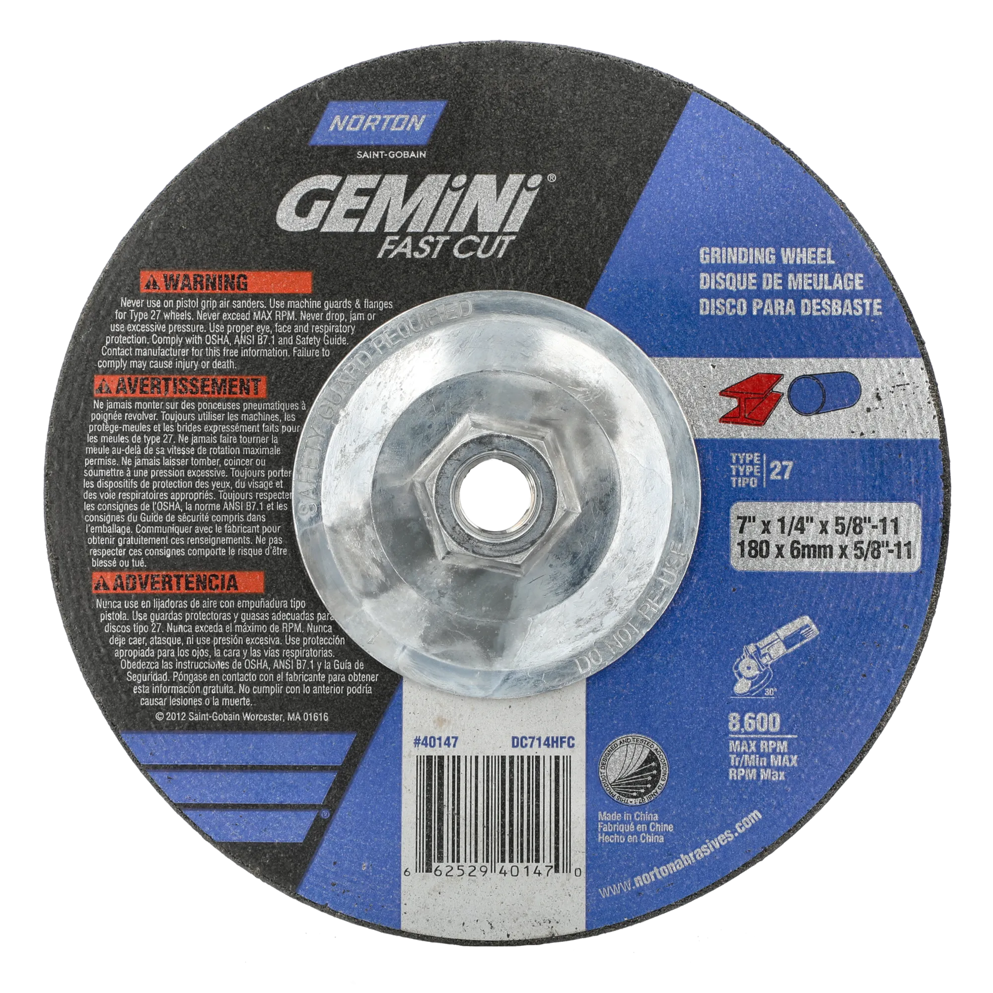 Norton 7 x 1/4 x 5/8 - 11 In. Gemini FC Grinding Wheel 24 N T27 10 Count