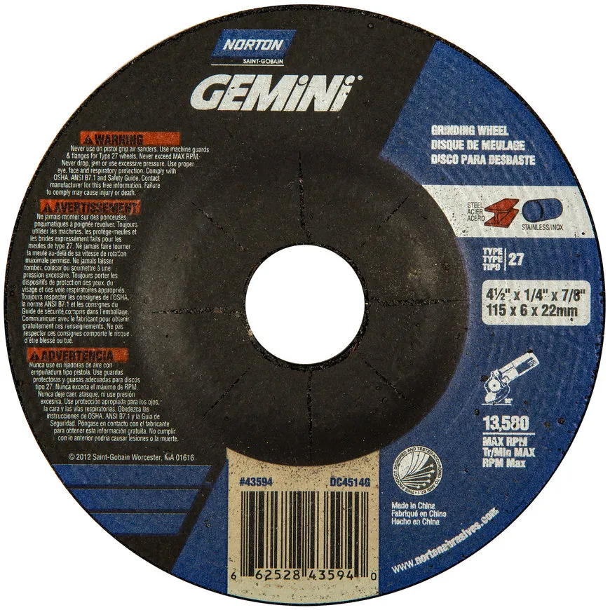 Norton Gemini Depressed Center Grinding Wheel, 4-1/2" x 1/4" 66252843594 - Pack/25