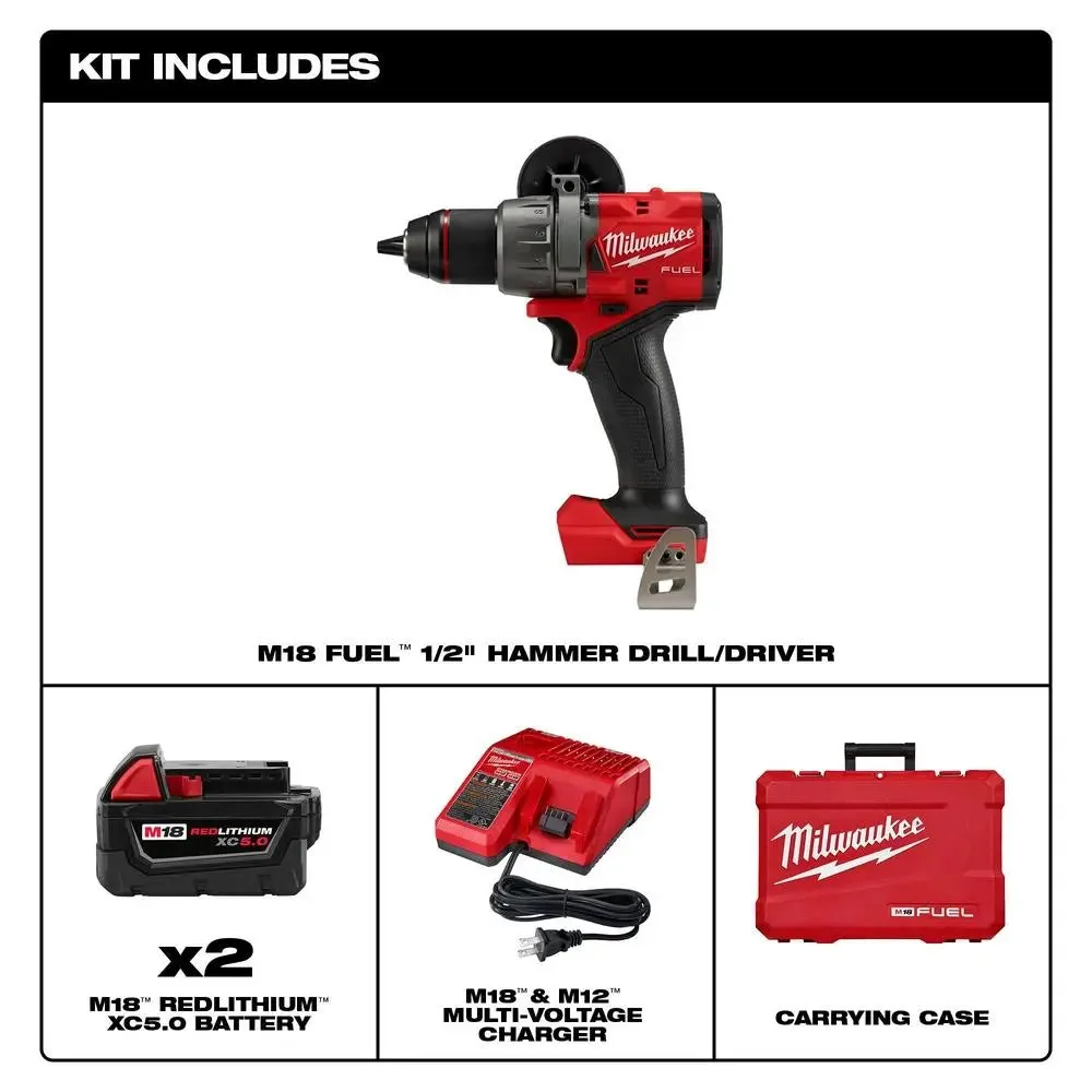 Open Box -  Milwaukee Tool M18 Fuel 18V Lithium-Ion Brushless Cordless 1/2 in. Hammer Drill Driver Kit w/ (2) 5.0 Ah Batteries