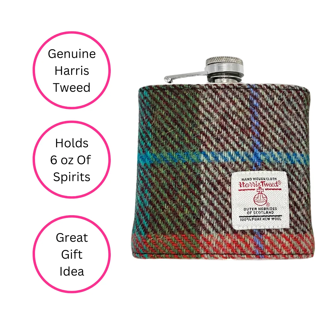 ORANGE AND GREEN HARRIS TWEED HIP FLASK