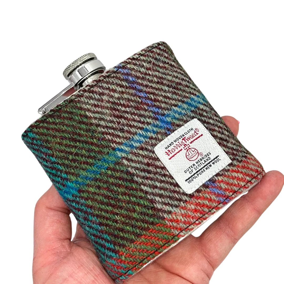 ORANGE AND GREEN HARRIS TWEED HIP FLASK