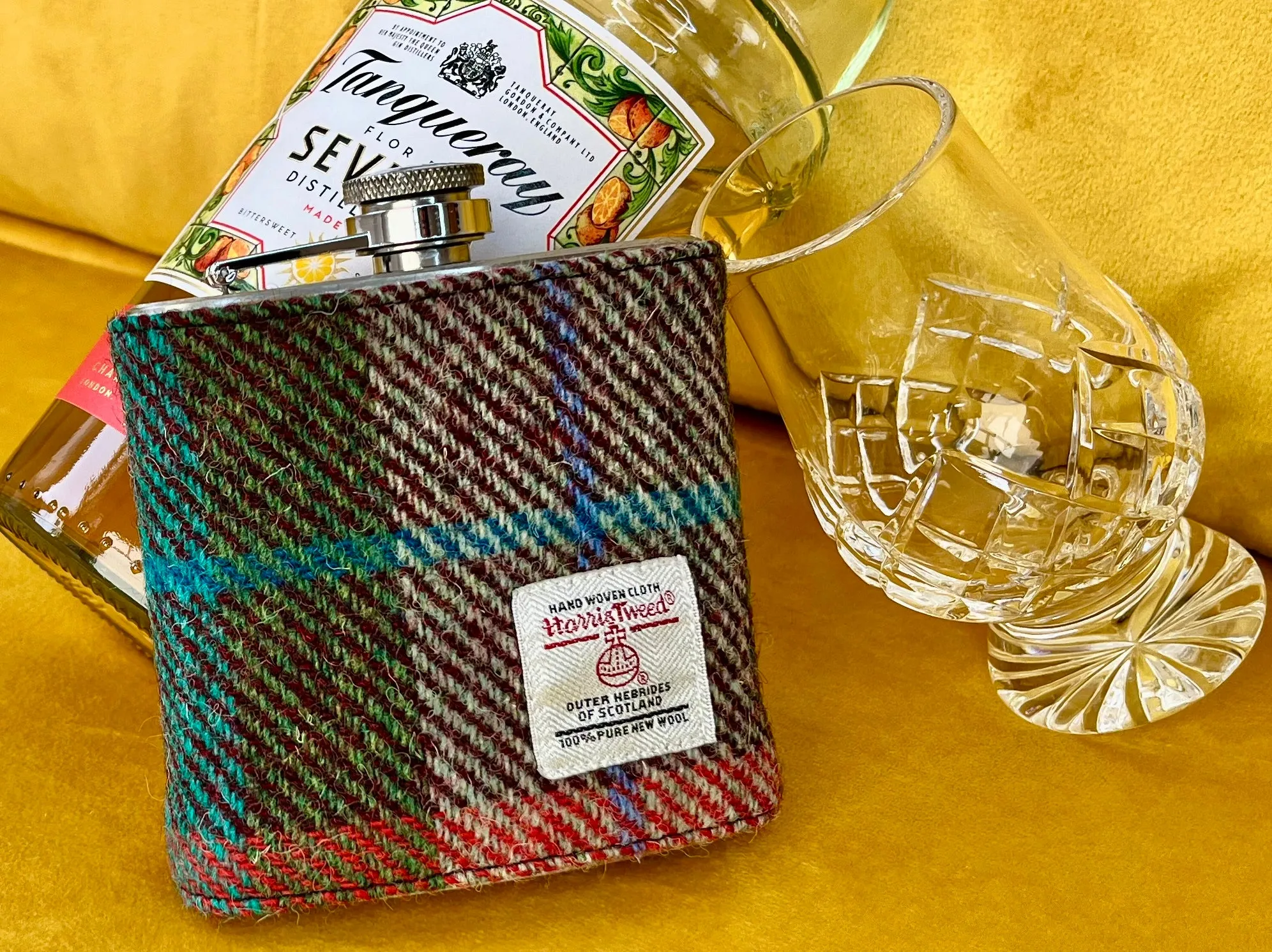 ORANGE AND GREEN HARRIS TWEED HIP FLASK